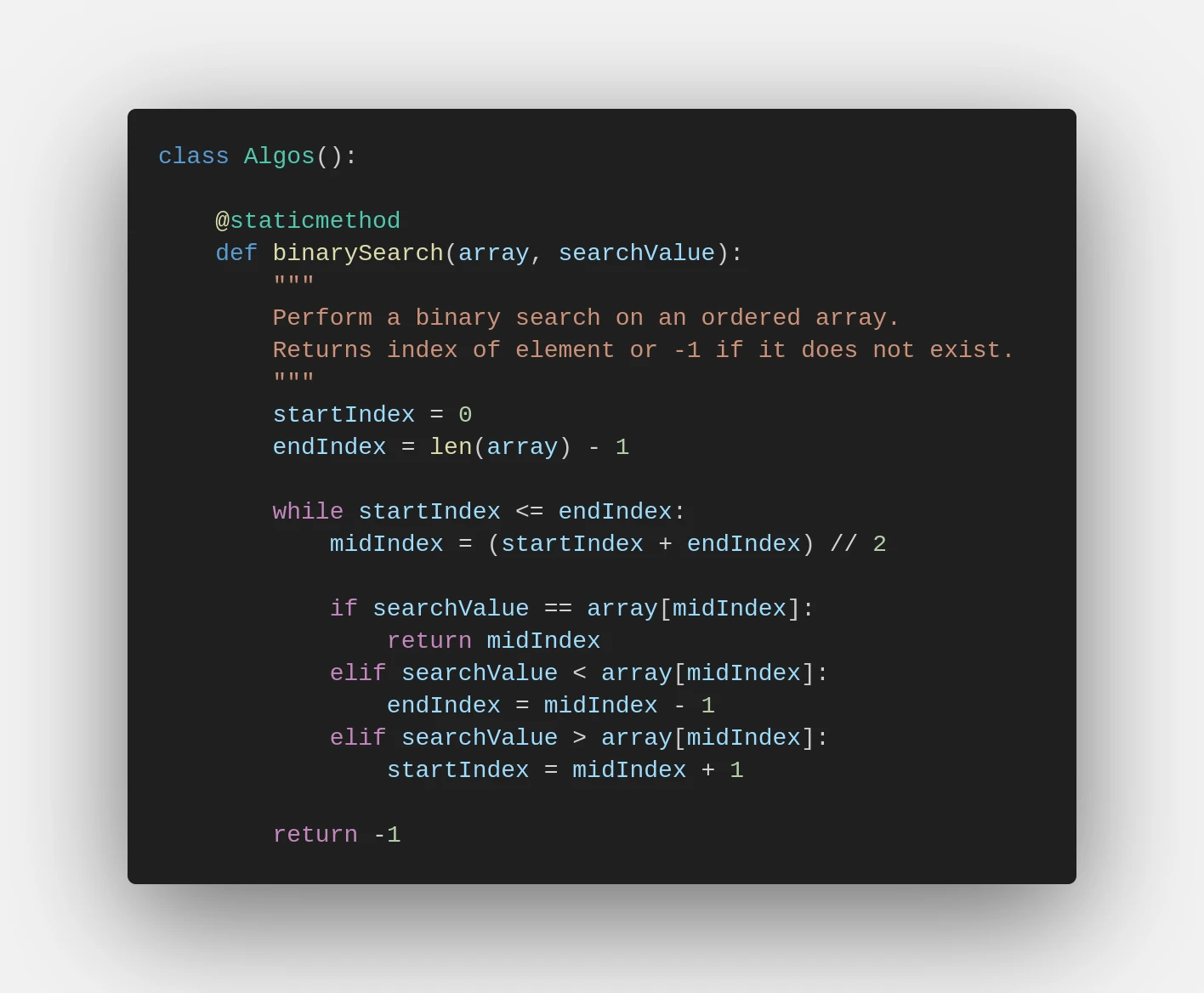 code snapshot of binary search implementation
